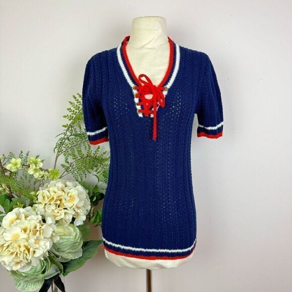 VINTAGE 1970s top | Scotch English | lace knit | small medium | V-neck Lace Up | - Picture 1 of 7
